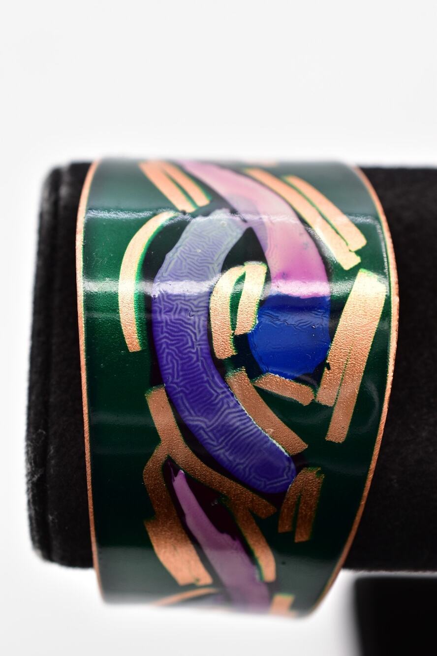 Chile Vintage Copper Enamel Cuff Bracelet Bangle Abstract Modernist Signed Bin2